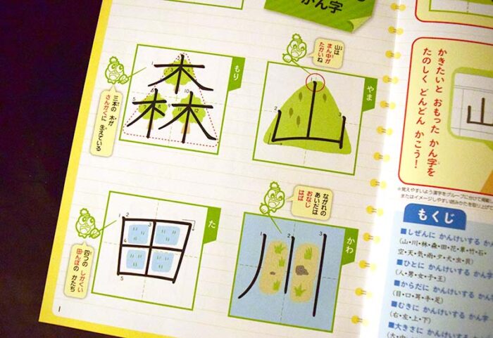 まだあやふやだったりバツがついたりした漢字があったら「かん字がきれいにかける本」を開いて漢字の形をチェック