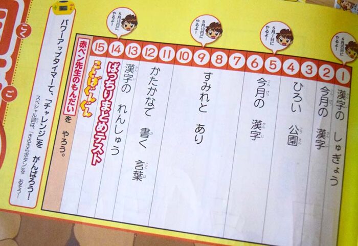 国語の内容は、教科書の文章を使った読解や漢字、カタカナの練習になっています。