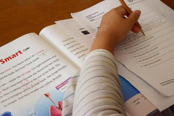 子供が書いて勉強しているシーン
